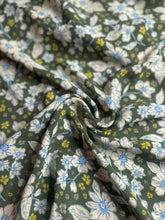 Load image into Gallery viewer, 100% Polyester (CEY airflow) woven: 2.5 YD CUT REMNANT Forest green cream blue flowers ⭐️