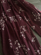 Load image into Gallery viewer, Swiss dot embroidered chiffon woven: 4.25 YD CUT REMNANT Burgundy shiny light pink embroidered floral ⭐️

