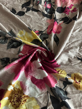 Load image into Gallery viewer, Jersey rayon spandex: 3 YD CUT REMNANT Warm taupe large magenta yellow floral ⭐️
