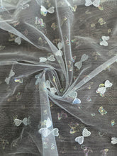 Load image into Gallery viewer, Tulle/ Mesh (embroidered; stamped butterfly glitter): 3 YD CUT REMNANT Light blue butterfly design 🦋
