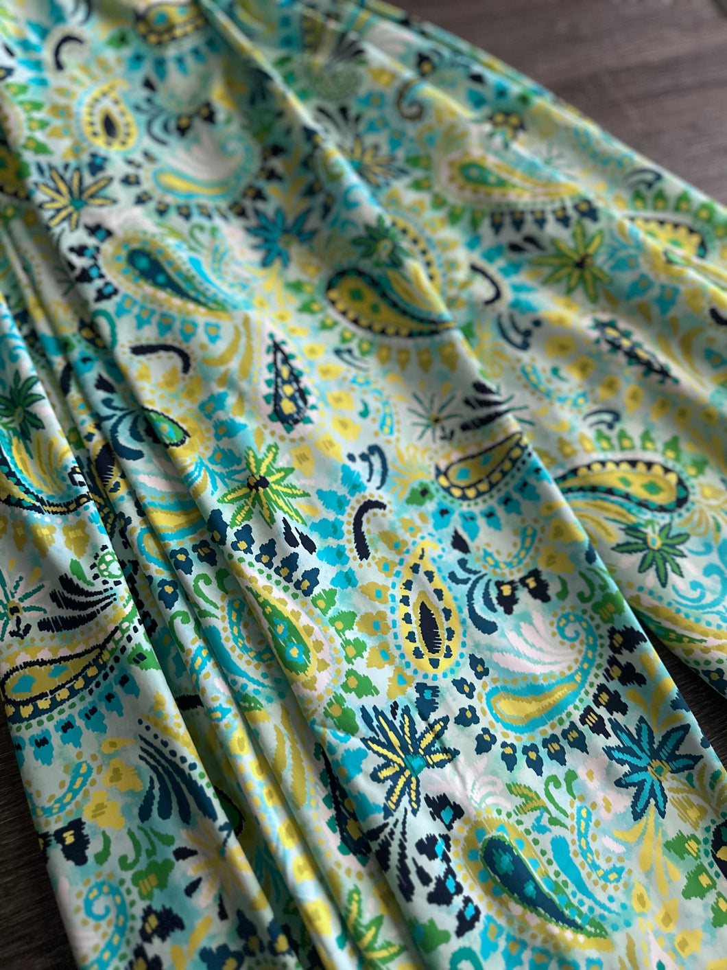 Swim spandex: 3 YD CUT REMNANT Aqua blue green yellow paisley ⭐️