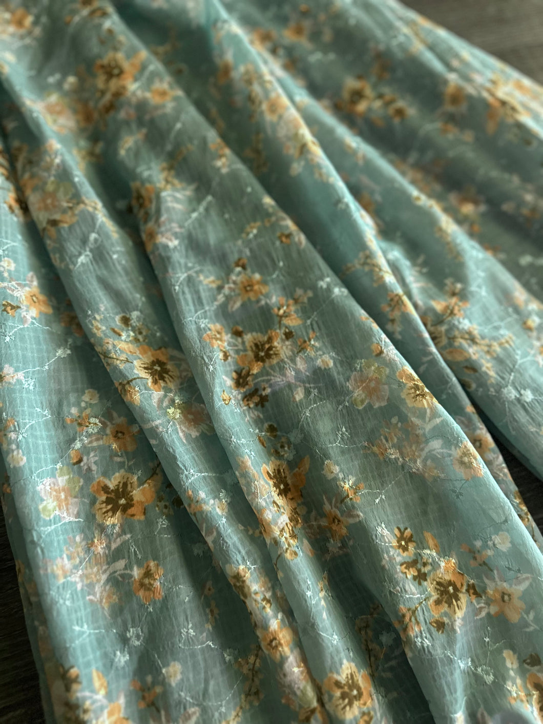 Embroidered woven: 3.5 YD CUT REMNANT Seafoam peach floral ⭐️