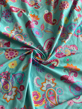 Load image into Gallery viewer, Swim spandex: 4.25 YD CUT REMNANT Turquoise fuchsia orange paisley ⭐️
