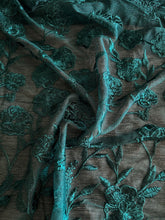 Load image into Gallery viewer, Embroidered mesh: 1 YD CUT REMNANT Hunter green teal floral ⭐️
