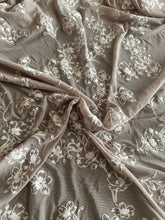 Load image into Gallery viewer, Embroidered power mesh: 3 YD CUT REMNANT Dark taupe white embroidered floral ⭐️
