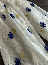 Load image into Gallery viewer, Cotton embroidered eyelet woven: 4.25 YD CUT REMNANT White embroidered blue yellow floral ⭐️
