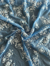 Load image into Gallery viewer, Embroidered power mesh: 3.25 YD CUT REMNANT Baby blue white embroidered floral ⭐️
