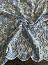 Load image into Gallery viewer, Cotton blend embroidered eyelet (scalloped edges): 2.25 YD CUT REMNANT Ivory denim stripes embroidered floral ⭐️
