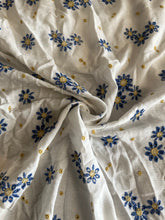 Load image into Gallery viewer, Rayon crinkle embroidered woven: 1.5 YD CUT REMNANT White blue yellow embroidered flowers ⭐️
