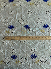 Load image into Gallery viewer, Cotton embroidered eyelet woven: 4.25 YD CUT REMNANT White embroidered blue yellow floral ⭐️

