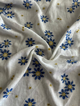 Load image into Gallery viewer, Rayon crinkle embroidered eyelet woven: REMNANT(S) White blue yellow embroidered flowers ⭐️
