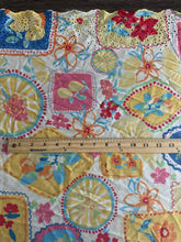 Load image into Gallery viewer, Poly cotton blend woven (Scalloped eyelet on 1 edge): 4 YD CUT REMNANT Off White yellow blue red lemon floral design ⭐️
