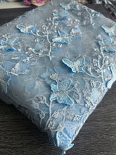 Load image into Gallery viewer, Tulle/ Mesh (embroidered full butterflies): 3.5 YD CUT REMNANT Baby blue butterflies 🦋
