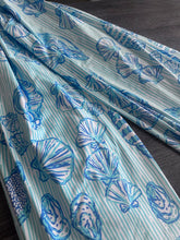 Load image into Gallery viewer, Swim spandex: 1.75 YD CUT REMNANT White baby blue stripes w/ shells ⭐️
