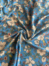 Load image into Gallery viewer, Bubble crepe woven (minimal stretch): 4.25 YD CUT REMNANT Vibrant blue khaki orange green stemmed floral ⭐️
