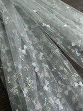Load image into Gallery viewer, Tulle/ Mesh (embroidered; stamped butterfly glitter): 3 YD CUT REMNANT Light blue butterfly design 🦋
