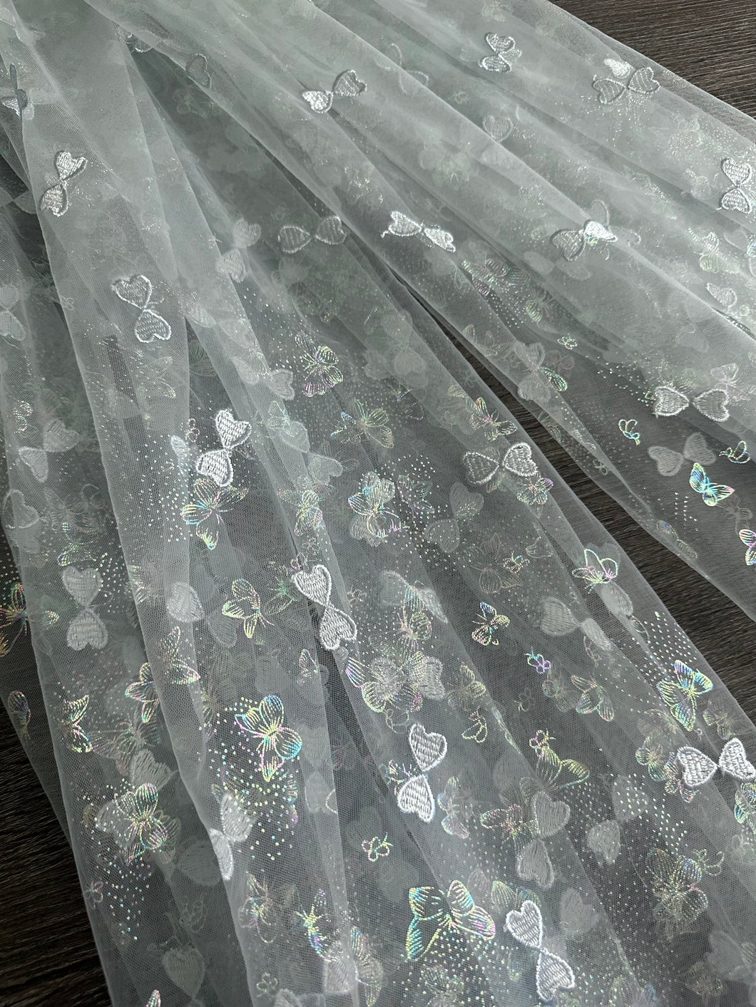 Tulle/ Mesh (embroidered; stamped butterfly glitter): 3 YD CUT REMNANT Light blue butterfly design 🦋