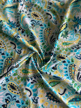 Load image into Gallery viewer, Swim spandex: 3 YD CUT REMNANT Aqua blue green yellow paisley ⭐️
