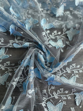 Load image into Gallery viewer, Tulle/ Mesh (embroidered full butterflies): 3.5 YD CUT REMNANT Baby blue butterflies 🦋
