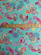 Load image into Gallery viewer, Swim spandex: 4.25 YD CUT REMNANT Turquoise fuchsia orange paisley ⭐️
