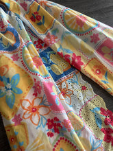 Load image into Gallery viewer, Poly cotton blend woven (Scalloped eyelet on 1 edge): 4 YD CUT REMNANT Off White yellow blue red lemon floral design ⭐️
