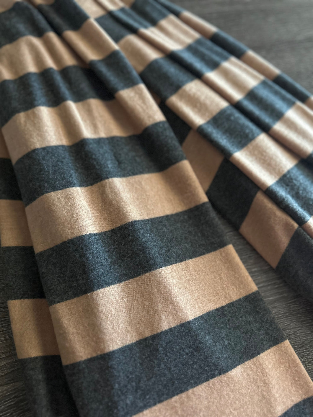 Brushed sweater knit: 2 YD CUT REMNANT Charcoal tan stripes ⭐️