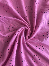 Load image into Gallery viewer, Cotton embroidered eyelet woven: 4.25 YD CUT REMNANT Purplish/pinkish color embroidered floral ⭐️
