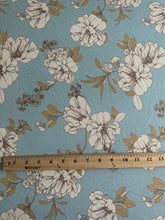 Load image into Gallery viewer, ITY moss crepe: 3.5 YD CUT REMNANT Sky blue beige brown gold floral ⭐️
