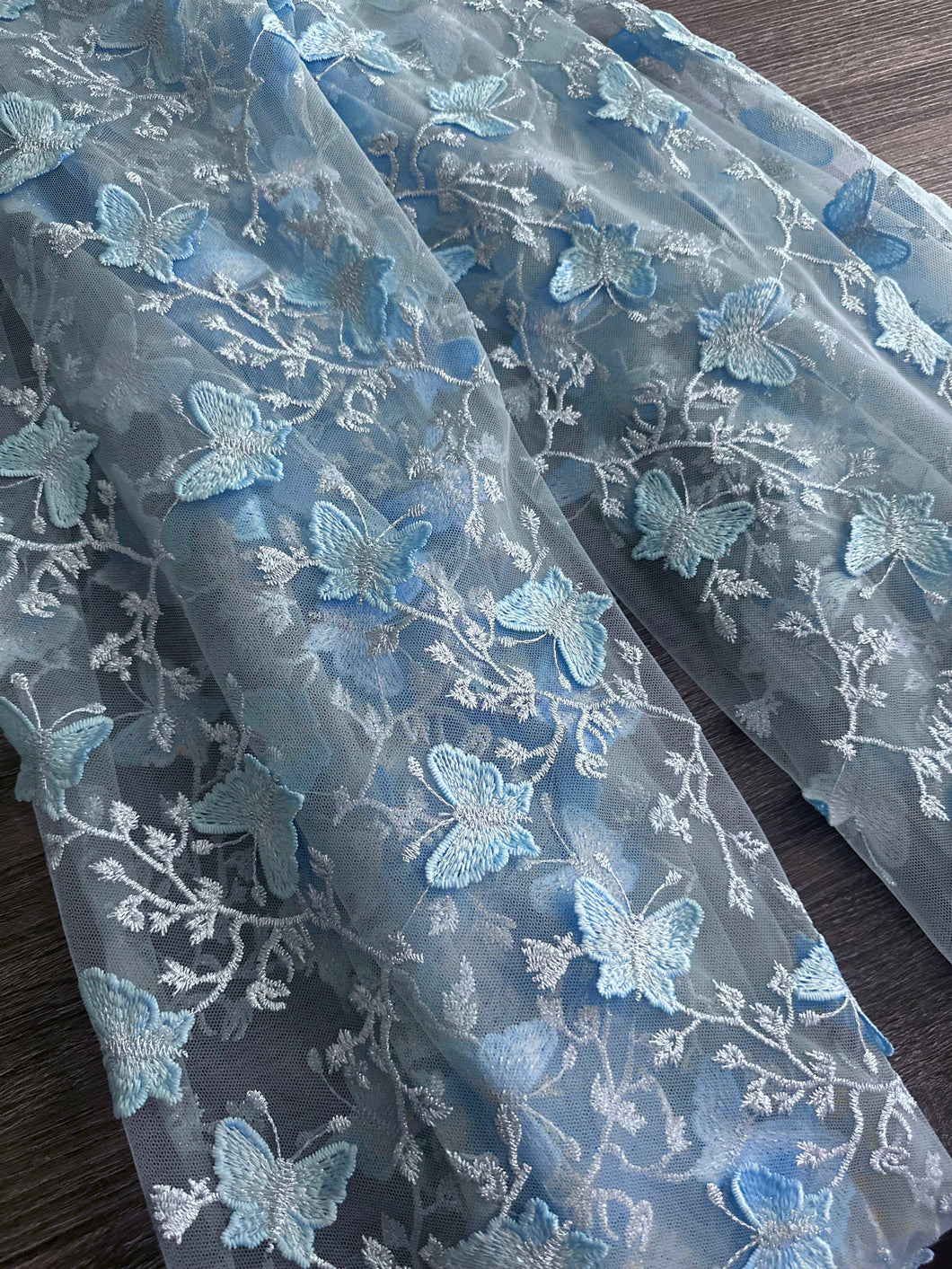 Tulle/ Mesh (embroidered full butterflies): 3.5 YD CUT REMNANT Baby blue butterflies 🦋
