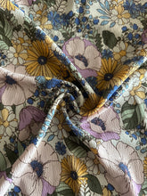 Load image into Gallery viewer, Bubble crepe woven (minimal stretch): REMNANT(S) Off white lavender blue yellow floral ⭐️
