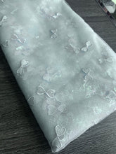 Load image into Gallery viewer, Tulle/ Mesh (embroidered; stamped butterfly glitter): 3 YD CUT REMNANT Light blue butterfly design 🦋
