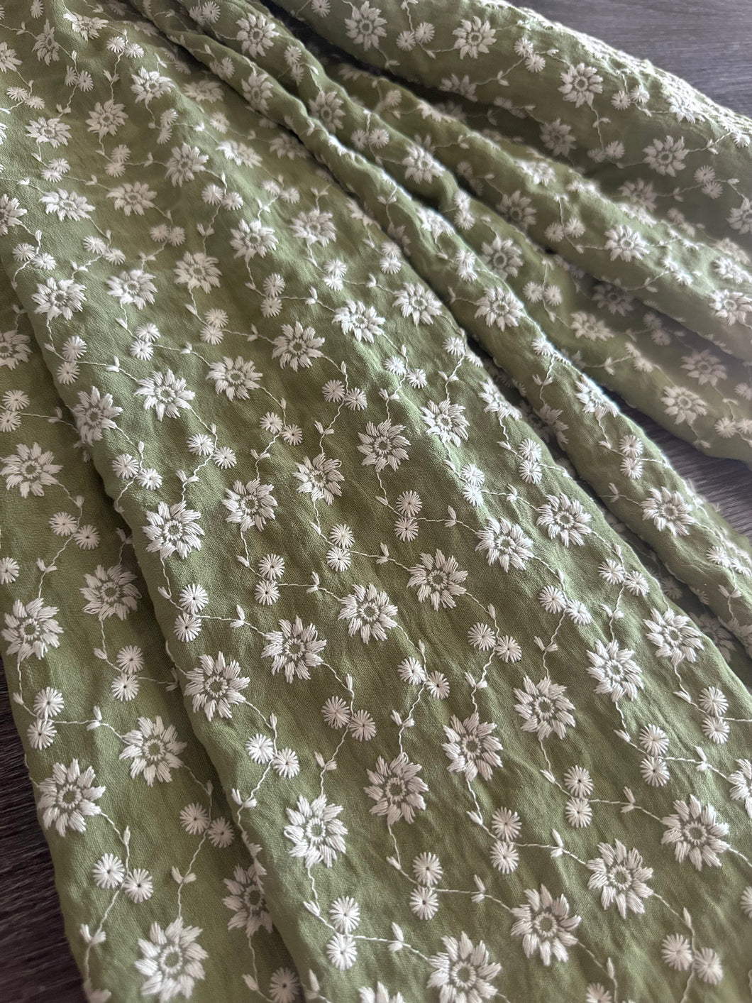 Embroidered woven: 1.5 YD CUT REMNANT Olive floral ⭐️