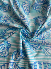 Load image into Gallery viewer, Swim spandex: 1.75 YD CUT REMNANT White baby blue stripes w/ shells ⭐️

