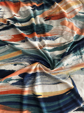 Load image into Gallery viewer, ITY w/ puff: 2 YD CUT REMNANT Navy muted teal coral ivory brush strokes ⭐️
