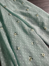 Load image into Gallery viewer, Swiss dot embroidered chiffon woven: 3 YD CUT REMNANT Mint gray green embroidered floral ⭐️
