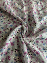 Load image into Gallery viewer, Embroidered eyelet woven: 2 YD CUT REMNANT Off white purple lilac embroidered floral ⭐️
