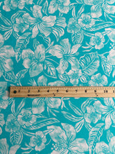 Load image into Gallery viewer, Swim spandex: 3 YD CUT REMNANT Aqua blue off white Hawaiian floral ⭐️
