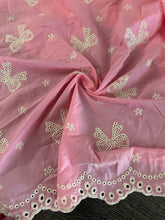 Load image into Gallery viewer, Cotton embroidered eyelet woven (scalloped edges): REMNANT(S) Barbie pink embroidered floral bow design ⭐️
