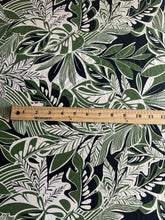 Load image into Gallery viewer, Swim spandex: 2.25 YD CUT REMNANT Ivory forest green black tropical leaves ⭐️
