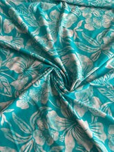Load image into Gallery viewer, Swim spandex: 3 YD CUT REMNANT Aqua blue off white Hawaiian floral ⭐️
