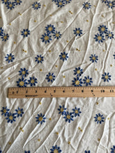 Load image into Gallery viewer, Rayon crinkle embroidered woven: 1.5 YD CUT REMNANT White blue yellow embroidered flowers ⭐️
