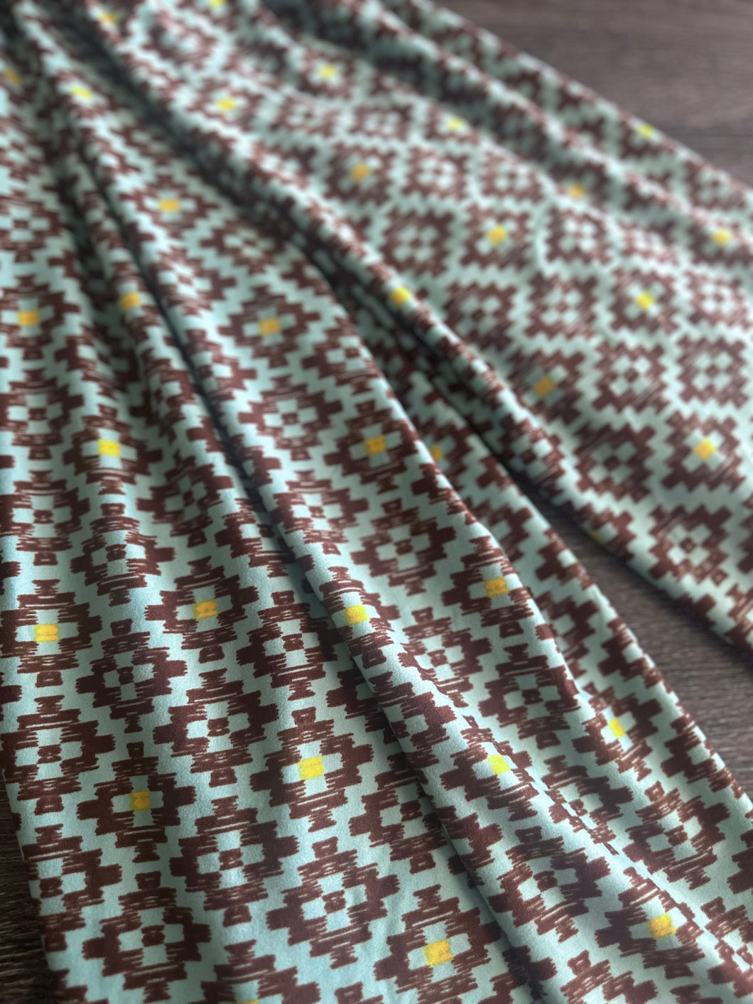 Double brushed poly: Light blue brown yellow design ⭐️