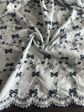 Load image into Gallery viewer, Cotton embroidered woven (scalloped edge): 3.25 YD CUT REMNANT White black bow floral design ⭐️
