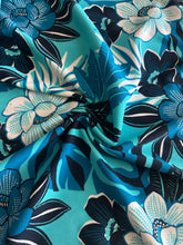 Load image into Gallery viewer, Textured stretchy knit: 4.5 YD CUT REMNANT Aqua deep blue floral ⭐️
