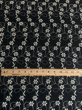 Load image into Gallery viewer, Rayon crinkle embroidered woven: 3.75 YD CUT REMNANT Black embroidered floral ⭐️
