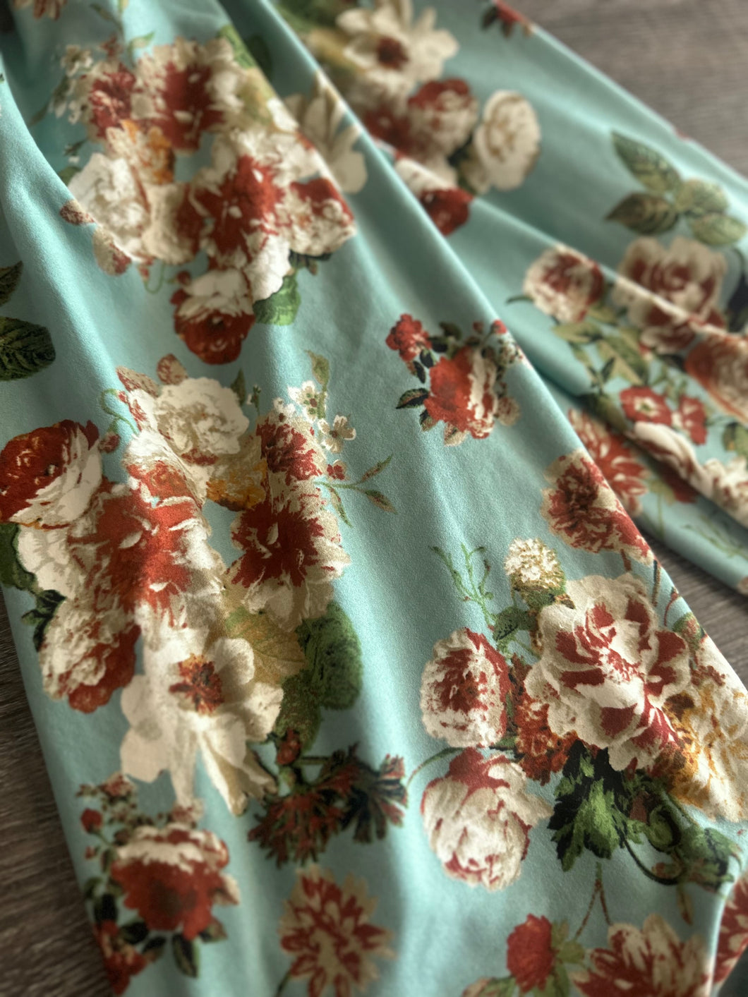 Double brushed poly: Light teal maroon beige white floral ⭐️