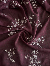 Load image into Gallery viewer, Swiss dot embroidered chiffon woven: 4.25 YD CUT REMNANT Burgundy shiny light pink embroidered floral ⭐️
