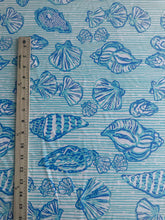 Load image into Gallery viewer, Swim spandex: 1.75 YD CUT REMNANT White baby blue stripes w/ shells ⭐️
