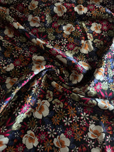 Load image into Gallery viewer, Satin: 2.25 YD CUT REMNANT Black indigo fuchsia beige orange floral ⭐️
