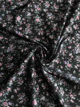 Load image into Gallery viewer, Stretchy knit: 2.5 YD CUT REMNANT Black pink purple floral bundles ⭐️
